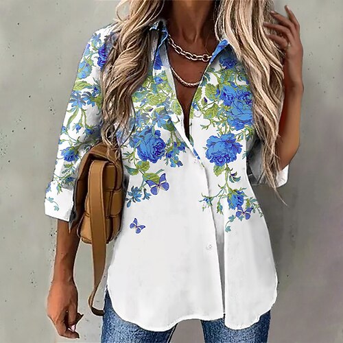 

Women's Blouse Shirt Blue Purple Pink Floral Button Print Long Sleeve Holiday Weekend Streetwear Casual Shirt Collar Regular Floral S