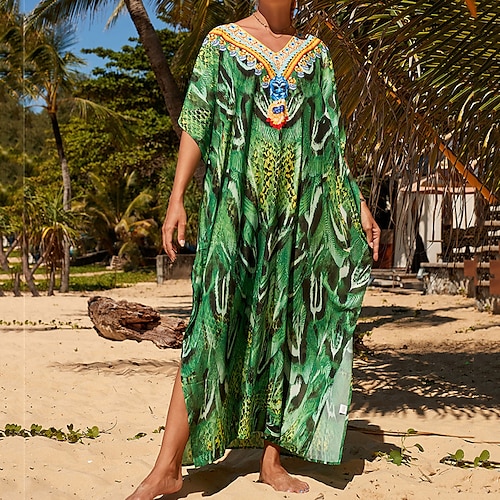 

Women's Swimwear Cover Up Beach Dress Normal Swimsuit Printing Snake Skin Pattern Green Scoop Neck Bathing Suits New Vacation Fashion / Modern