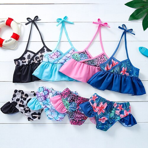 

Kids Girls' Two Piece Swimwear Outdoor Leopard Active Ruched Bathing Suits 2-6 Years Spring Black Blue Pink