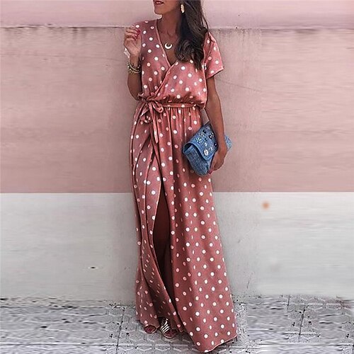 

Women's Long Dress Maxi Dress Green Pink Yellow Short Sleeve Polka Dot Split Spring Summer V Neck Modern Weekend 2022 S M L XL XXL