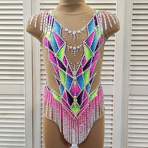 

Rhythmic Gymnastics Leotards Artistic Gymnastics Leotards Women's Girls' Leotard Mesh Spandex High Elasticity Handmade Sleeveless Competition Dance Rhythmic Gymnastics Artistic Gymnastics Pink