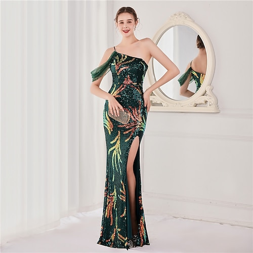 

Mermaid / Trumpet Evening Dresses Elegant Dress Wedding Guest Floor Length Sleeveless Spaghetti Strap Sequined V Back with Sequin Slit 2022 / Formal Evening