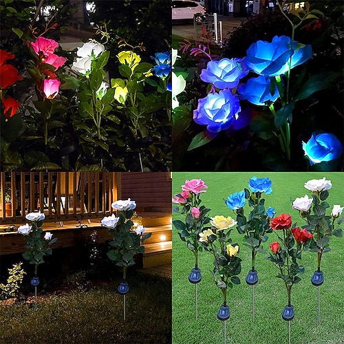 

4PCS Solar Rose Garden Stake Lights Outdoor Pathway Lawn Lights 3 Heads 5 Colors Rose Solar Landscape Light Multi-Color Solar Decorative Light for Pathway Yard