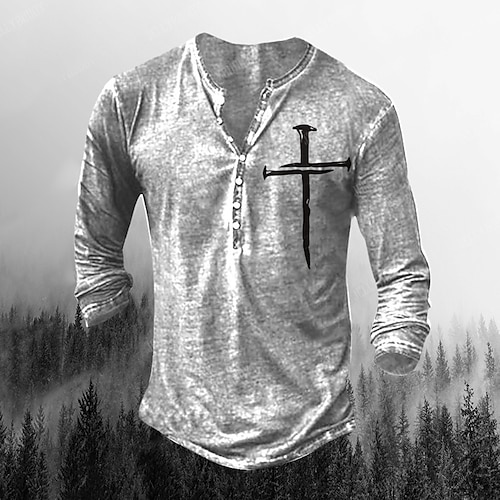 

Men's T shirt Tee Henley Shirt Graphic Cross Henley Black / Gray Gray 3D Print Plus Size Street Casual Long Sleeve Button-Down Print Clothing Apparel Basic Casual Classic Big and Tall