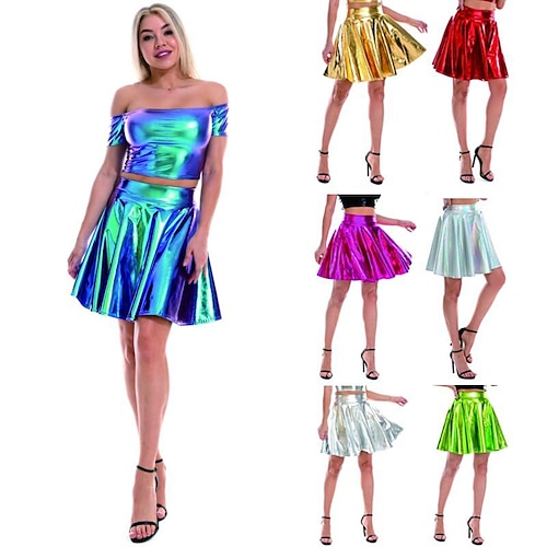 

Metallic Sexy 1980s Shiny Latex Patent PU Leather Flare Skirt Women's Costume Vintage Cosplay Party Skirts Masquerade