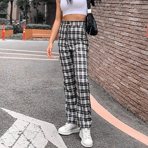 

Women's Chinos Pants Trousers Black Mid Waist Fashion Iridescent Casual Weekend Print Micro-elastic Full Length Comfort Plaid Checkered S M L