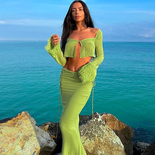 

Women's Shirt Crop Skirt Sets Sexy Green Black Vacation Beach Solid Color Drawstring Cut Out Square Neck S M L