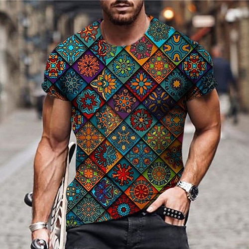 

Men's Unisex T shirt Tee Floral Lattice Graphic Prints Crew Neck Blue 3D Print Daily Holiday Short Sleeve Print Clothing Apparel Designer Ethnic Style Casual Big and Tall / Summer / Summer