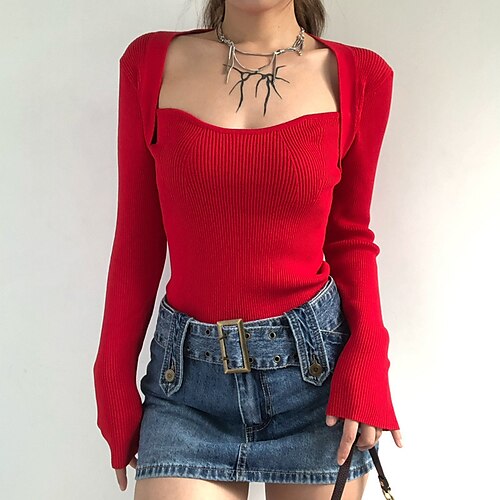 

Women's Sweater Pullover Jumper Knitted Pure Color Stylish Casual Soft Long Sleeve Sweater Cardigans Boat Neck Spring Summer Black Khaki Red