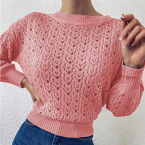 

Women's Pullover Sweater jumper Jumper Crochet Knit Cropped Knitted Hole Pure Color Crew Neck Basic Stylish Outdoor Daily Drop Shoulder Spring Summer Pink Khaki S M L / Long Sleeve / Holiday / Casual