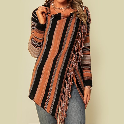 

Women's Poncho Sweater Pullover Sweater jumper Cardigan Sweater Jumper Knit Tassel Knitted Striped V Neck Stylish Casual Daily Going out Winter Fall Khaki Light gray S M L / Cotton / Long Sleeve