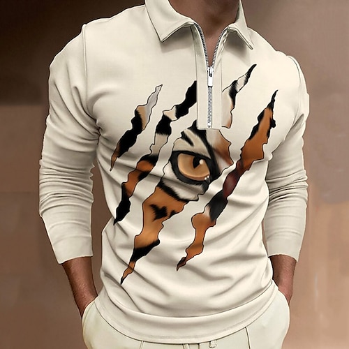 

Men's Collar Polo Shirt Golf Shirt Animal Tiger Turndown Beige 3D Print Casual Daily Long Sleeve Zipper Print Clothing Apparel Sports Fashion Casual Comfortable / Summer / Spring / Summer