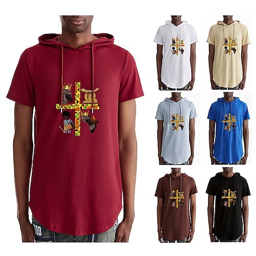 

Men's T shirt Tee Graphic Hooded Wine Blue Khaki Light gray Red Other Prints Plus Size Daily Short Sleeve Clothing Apparel Casual