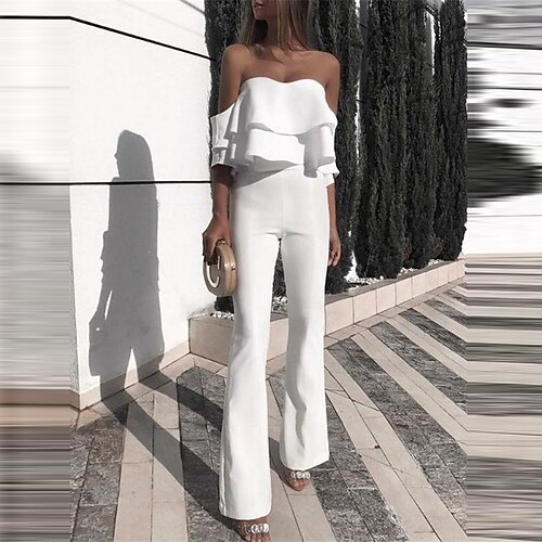 

Women's Jumpsuit Ruffle Solid Color Off Shoulder Active Street Vacation Regular Fit Strapless White S M L Spring