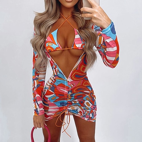 

Women's Swimwear Bikini Three Piece Normal Swimsuit Backless UV Protection Pleated Mesh Printing Stripe Green Red Padded V Wire Bathing Suits Sexy Stylish Vacation / Modern / New / Padded Bras