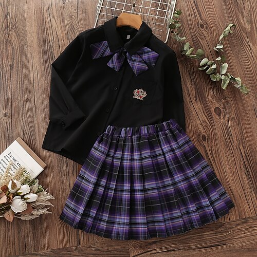 

2 Pieces Kids Girls' Shirt & Skirt Outfit Long Sleeve Embroidered Cotton Set School Cute Preppy Style Fall Spring 3-13 Years Black