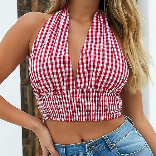 

Women's Crop Top Tank Top Shirt Red Black Plaid Backless Sleeveless Party Weekend Sexy Halter Neck Crop S