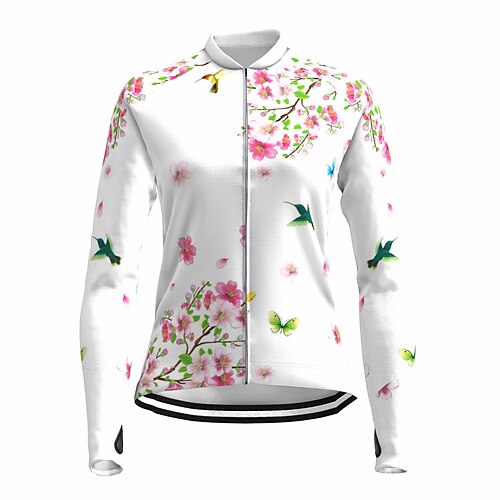 

21Grams Women's Cycling Jersey Long Sleeve Bike Jersey Top with 3 Rear Pockets Mountain Bike MTB Road Bike Cycling Breathable Quick Dry Moisture Wicking Reflective Strips White Bird Floral Botanical