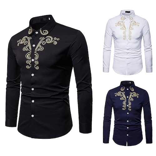 

Homme Chemise Floral Col rabattu Bleu Marine Blanche Noir Extérieur Plein Air Manches Longues Brodée Bouton bas Vêtement Tenue Mode Elégant Casual Confortable / Eté