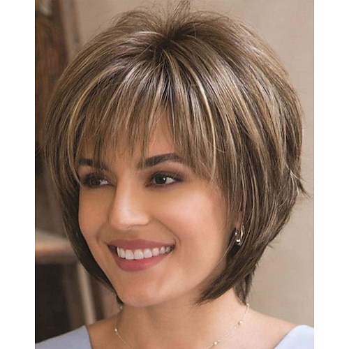 

Pixie Cut Layered Short Brown Wigs with Bangs Straight Synthetic Wigs for White Women (Blonde Mixed Brown)