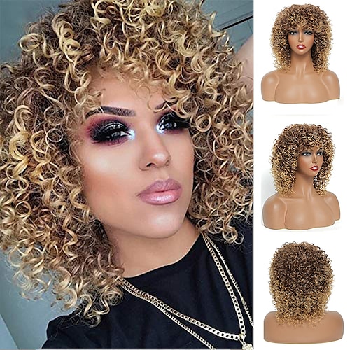 

Afro Curly Wigs Ombre Blonde Wig with Bangs for Women Curly Wig for Black Women Goodly Kinky Curly Wig Synthetic Heat Resistant Full Wigs