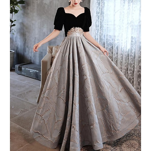 

A-Line Prom Dresses Color Block Dress Engagement Floor Length Short Sleeve Sweetheart Neckline Spandex with Pleats Appliques 2022