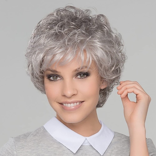 

Short Pixie Cut Sliver Gray Curly Wigs for Women with Bangs Grey Wig for White Women Wavy Layered Synthetic Hair Natural Looking