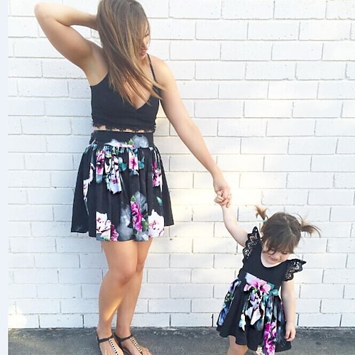 

Mommy and Me Dresses Floral Graphic Daily Patchwork Black Sleeveless Above Knee Adorable Matching Outfits