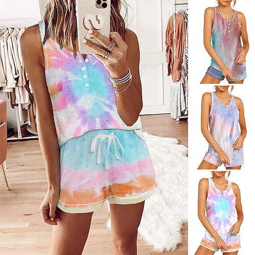 

Women's Loungewear Sets Nighty 1 set Tie Dye Flower Comfort Sport Sweet Home Street Vacation Polyester V Wire Sleeveless Tank Top Shorts Elastic Waist Print Spring Summer Purple Wine