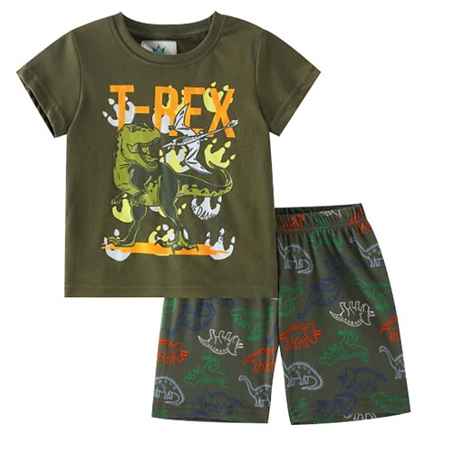 

2 Pieces Kids Boys T-shirt & Shorts Clothing Set Outfit Animal Letter Dinosaur Short Sleeve Print Cotton Set Outdoor Daily Casual Spring Summer 2-8 Years Army Green