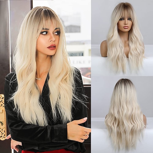 

Blonde Wigs for Women 26 Inches Long Blonde Wig with Bangs Natural Synthetic Hair Ombre Blonde Wavy Wig with Dark Roots for Women Daily Party Cosplay Wear