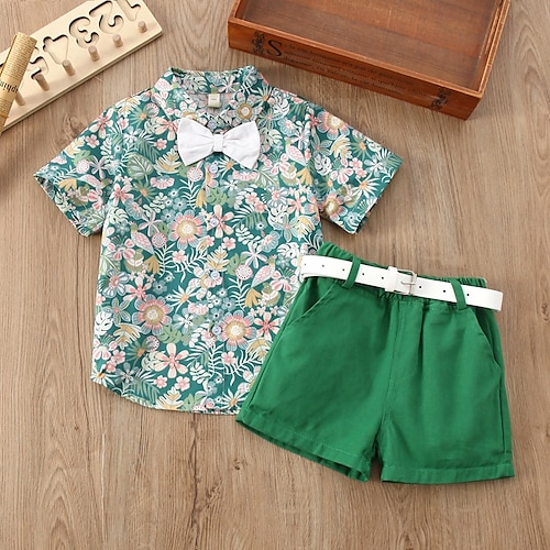

2 Dele Børn Drenge Trøje & Shorts Tøjsæt Outfit Helfarve Blomstret Kortærmet Løstsiddende Bomuld Sæt udendørs Mode Daglig Sommer 1-5 år Grøn