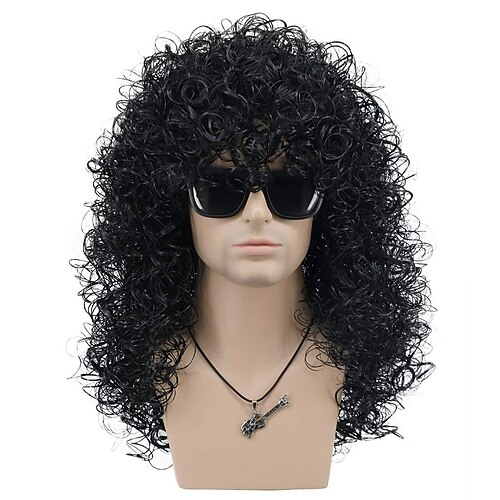 

Mens Long Curly Black Hard 70S 80S Rocker Wig Costume Cosplay Wig Black Wigs (Only Wig Without Glasses)