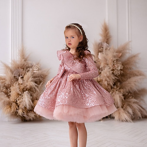 

Party Christmas Princess Flower Girl Dresses Jewel Neck Knee Length Sequined Winter Fall with Bow(s) Ruching Cute Girls' Party Dress Fit 3-16 Years