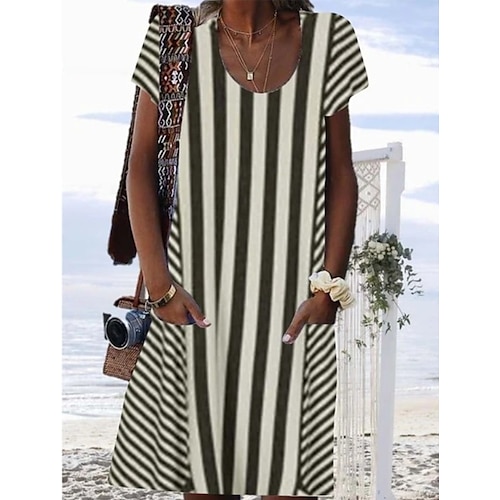 

Women's Shift Dress Midi Dress Black Blue Short Sleeve Striped Print Spring Summer Crew Neck Classic 2022 S M L XL XXL 3XL 4XL 5XL