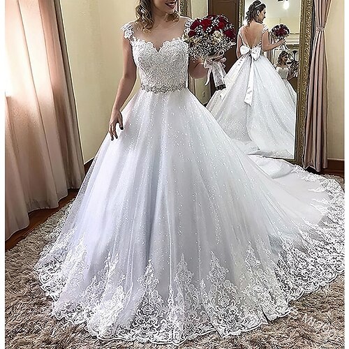 

A-Line Wedding Dresses Jewel Neck Court Train Lace Tulle Sleeveless Formal Sexy Luxurious Sparkle & Shine with Bow(s) Appliques 2022