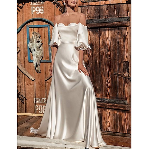 

A-Line Wedding Dresses Off Shoulder Sweep / Brush Train Satin Short Sleeve Simple Vintage with Pleats 2022