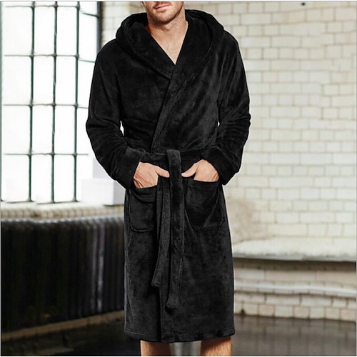 

Men's Plus Size Pajamas Sleepwear Bath Robe Pure Color Warm Plush Home Bed Fleece Warm Long Sleeve Hoodie Winter Fall Black Dark Blue