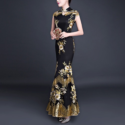 

Mermaid / Trumpet Chinese Style Vintage Prom Formal Evening Dress High Neck Short Sleeve Ankle Length Charmeuse with Sequin Embroidery 2022