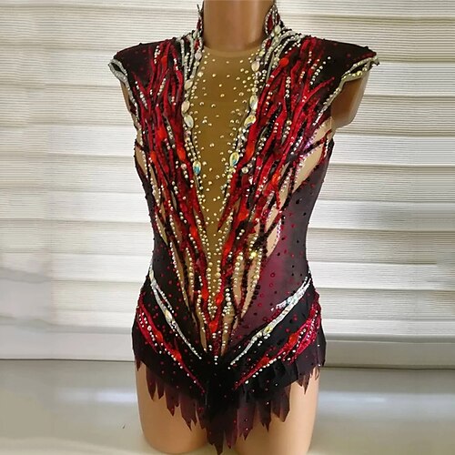 

Rhythmic Gymnastics Leotards Artistic Gymnastics Leotards Women's Girls' Leotard Mesh Spandex High Elasticity Handmade Sleeveless Competition Dance Rhythmic Gymnastics Artistic Gymnastics Red
