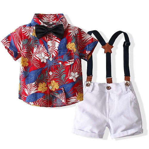 

3 Pieces Kids Boys Shirt & Shorts Clothing Set Outfit Graphic Leaf Floral Long Sleeve Bow Cotton Set Party Gentle Fall Summer 1-5 Years Green Red