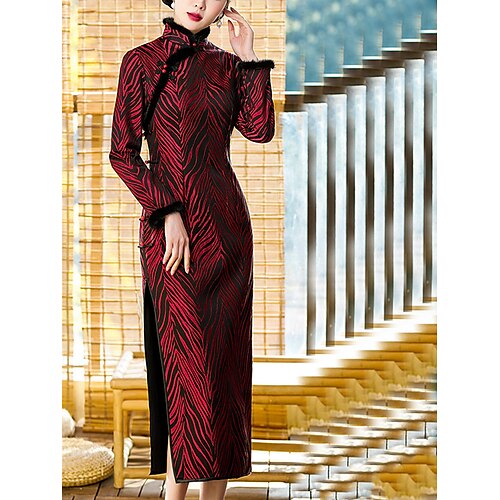 

Sheath / Column Evening Dresses Chinese Style Dress Wedding Guest Tea Length Long Sleeve High Neck Imitation Silk with Slit 2022 / Formal Evening