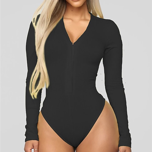 

Women's Bodysuit Button Solid Color Deep V Basic Street Going out Regular Fit Long Sleeve White Black S M L Spring