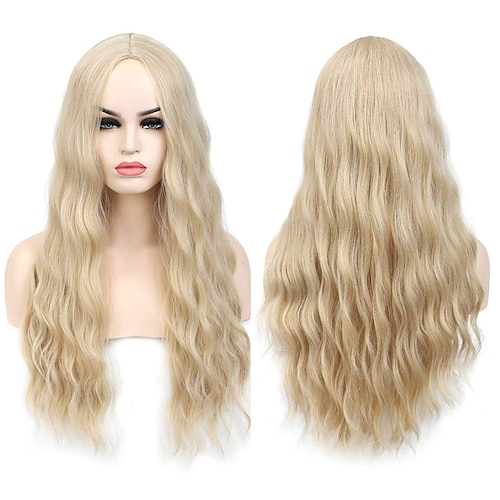 

26 inches Blond 613 long Wavy Wig Middle Part Synthetic Halloween Party Cosplay Wig for Women Blonde Wig