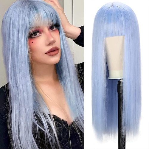 

Blue Wig Long Straight Wigs for Women Synthetic Wig with Bangs Light Blue Wig Heat Resistant Hair for Cosplay Party Use