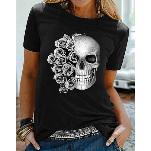 

Women's T shirt Tee Black Floral Skull Print Short Sleeve Daily Weekend Basic Round Neck Regular 100% Cotton S