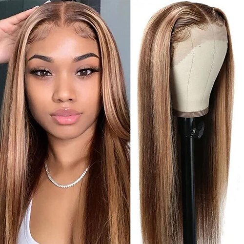 

Ombre Blonde Highlight Straight Lace Front Wigs Human Hair for Black Women 10A Brazilian Remy Hair Honey Blonde Wig Free Part Pre Plucked with Baby Hair 150%/180% Density 14-24 Inch