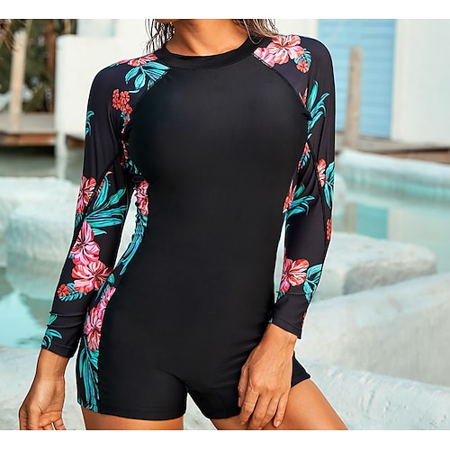 

Women's Swimwear Rash Guard Diving Normal Swimsuit Splice Floral Color Block Green Light Green Rosy Pink Red Scoop Neck Bathing Suits New Vacation Holiday / Modern / Padded Bras