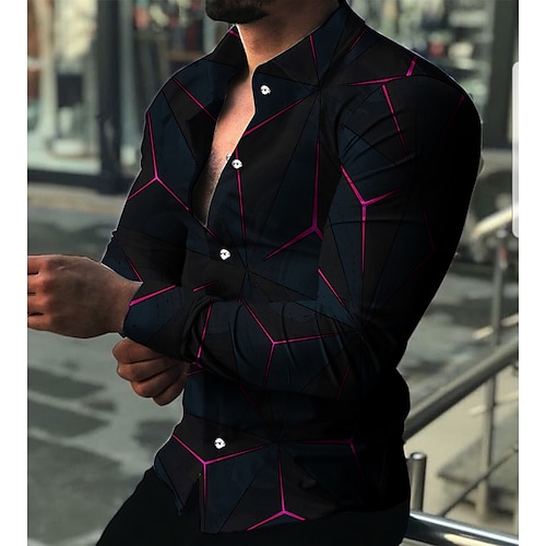 

Men's Shirt Graphic Shirt Geometric Turndown Purple 3D Print Daily Holiday Long Sleeve 3D Print Button-Down Clothing Apparel Fashion Designer Casual Breathable