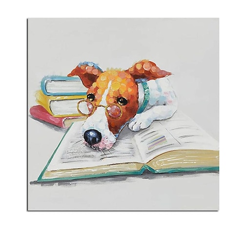 

Oil Painting Handmade Hand Painted Wall Art Modern Cute Dog Reading Book Home Decoration Decor Rolled Canvas No Frame Unstretched